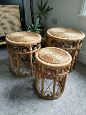 Boho Peacock Bamboo Rattan Wicker Round Side Table Stool Plant Stand x3